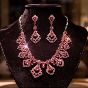Pink Rhinestone Statement Necklace & Dangle Earrings Set